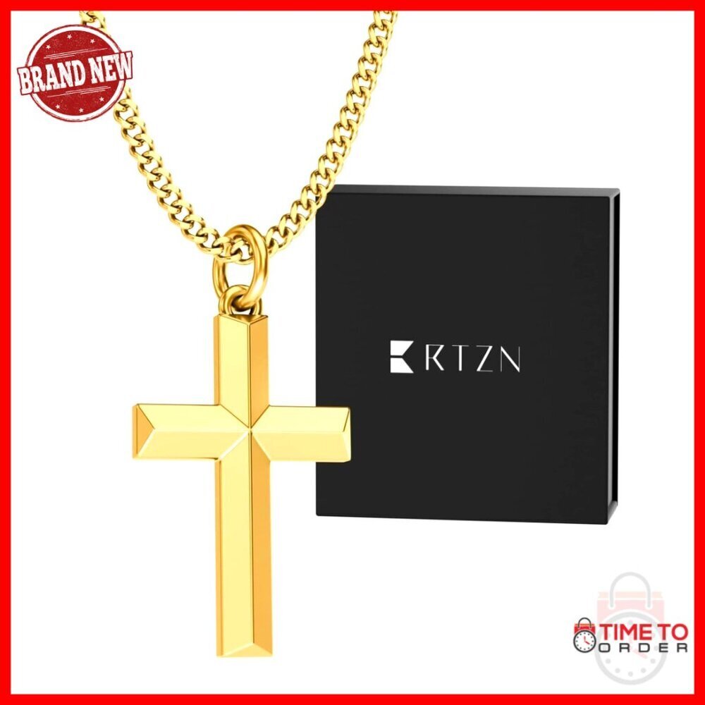 Stainless Steel Cross Pendant Necklace, 18K Gold Plated, 18-24" Chain